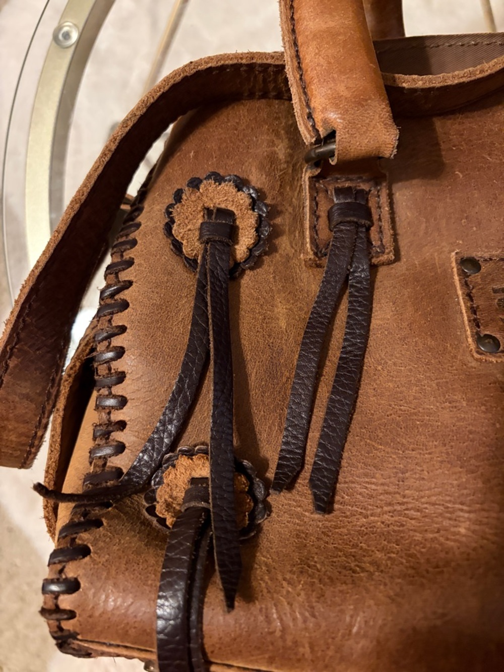 STS Ranchwear Sheridan Flower Leather Top Double Handle Brown Whipstitch Satchel - Picture 12 of 16